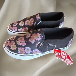 Vans Black Slip-On Sneakers with Pink Daisy Print